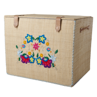 Large Natural Raffia Storage Basket Embroidered Flowers Rice